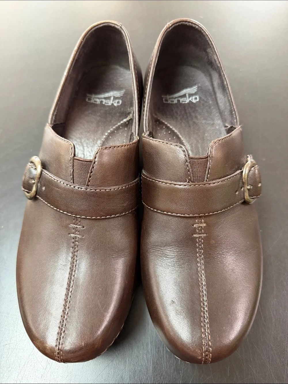 Dansko Brown Leather Slip-On Loafers with Decorative Buckle